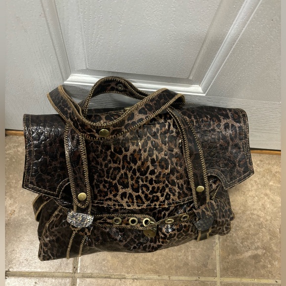 Charlie Lapson Croc Leopard Textured Print Satchel Bag Brass Hardware - Picture 3 of 16